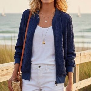 CROSSLEY Italy Ikat Star Embroidered Lightweight Bomber Jacket Sz Medium Coastal